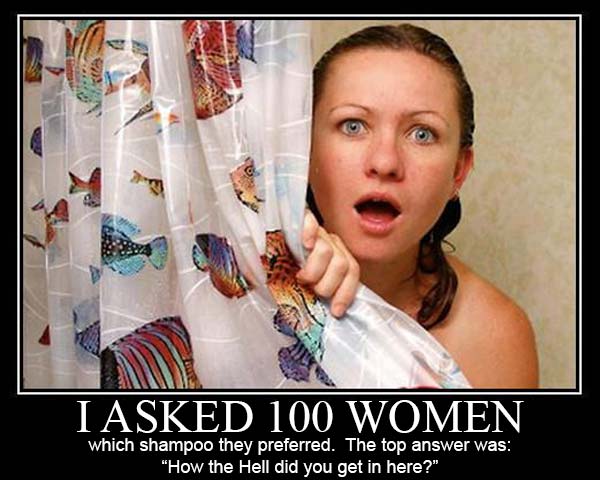 I asked 100 Women what shampoo they preferred. The top answer was, "How the hell did you get in here?"
