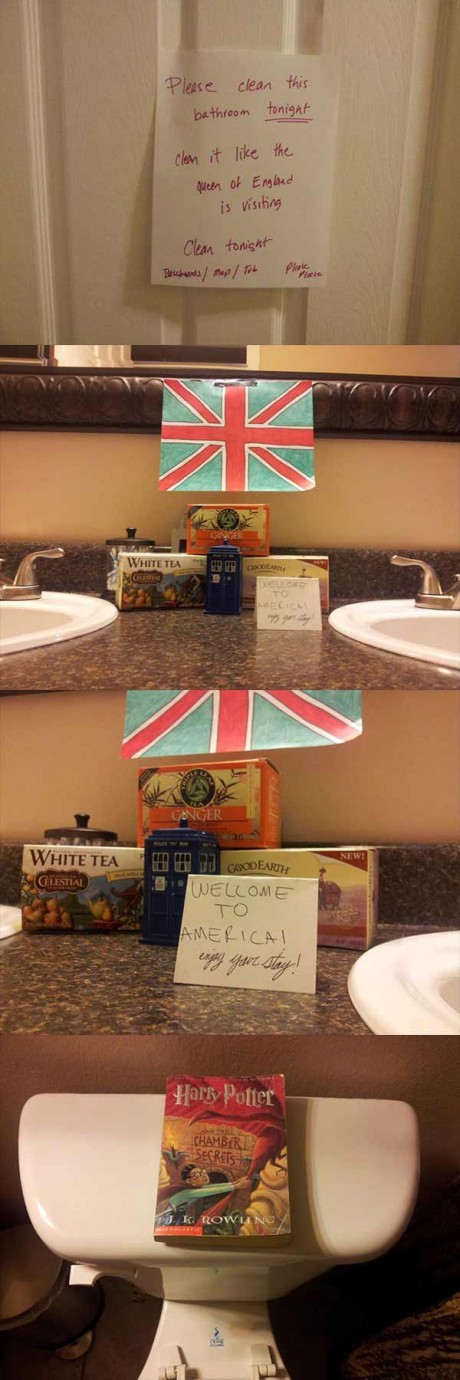 Note: "Please clean this bathroom _tonight_. Clean it like the Queen of England is visiting. Clean tonight - Baseboards / Mop / Tub - Please Please!"