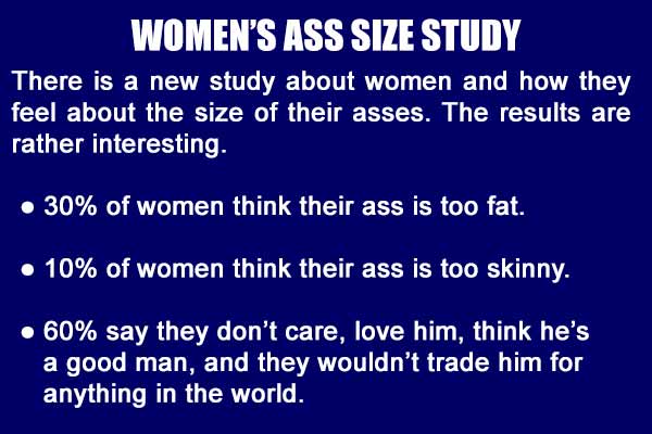 Women's Ass Size Study: There is a new study about women and how they feel about the size of their asses.  The results are rather interesting.  - 30% of women think their ass is too fat.  - 10% of women think their ass is too skinny.  - 60% say they don't care, love him, think he's a good man, and they would't trade him for anything in the world.