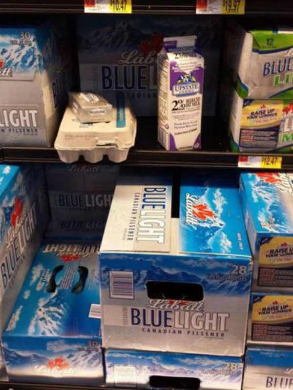 Milk, Eggs and Cream Cheese in the Beer Section