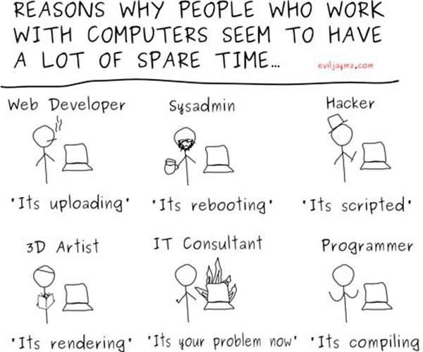 Reasons Why People Work Work With Computers Seem To Have a Lot of Spare Time.... Web Developer: "It's uploading'  SysAdmin: "It's rebooting"  Hacker: "It's scripted"  3D Artist: "It's rendering"  IT Consultant: "It's your problem now"  Programmer: "It's compiling"