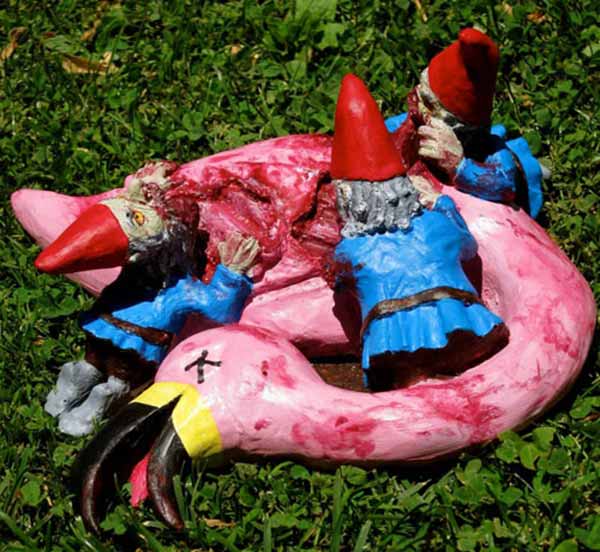 Zombie Garden Gnomes Kill Pink Flamingo