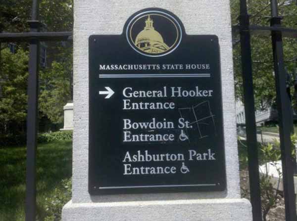 Massachusetts State House: - General Hooker Entrance  - Bowdoin St. Entrance  - Ashburton Park Entrance