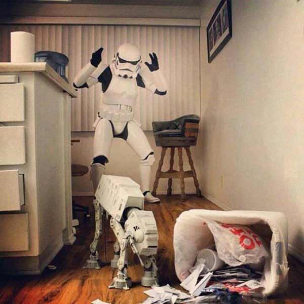 AT-AT Knocks Over Trash in Front of Stormtrooper