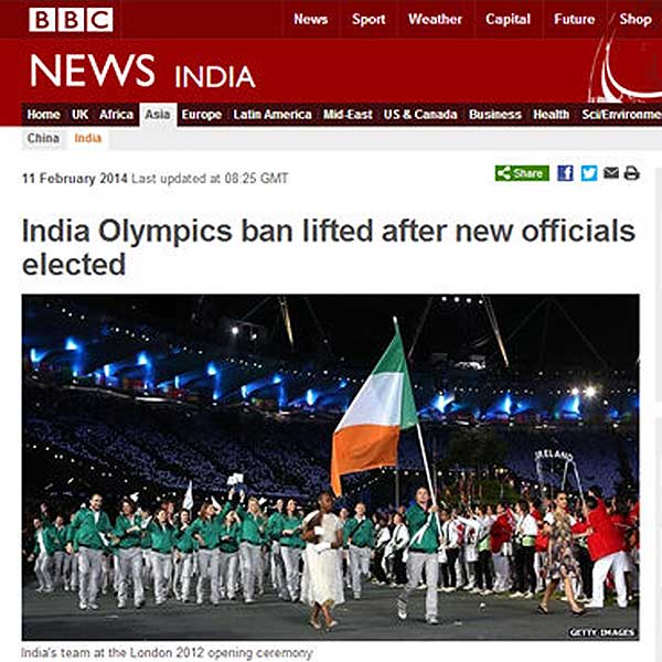 BBC News: "India Olympics Ban Lifted After New Officials Elected"  Photo caption: "India's team at the London 2012 Olymics"