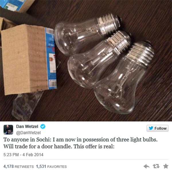 Twitter @DanWetzel: "To anyone in Sochi: I am now in possession of three light bulbs. Will trade for a door handle. This offer is real:"
