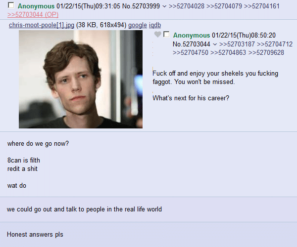 4CHAN Anon: "Fuck off and enjoy your shekels you fucking faggot. You won't be missed. What's next for his career?"  Anon: "Where do we go now?  8can is filth. redit is shit. Wat do"  Anon: "We could go out and talk to people in the real life world."  Anon: "Honest answers pls."