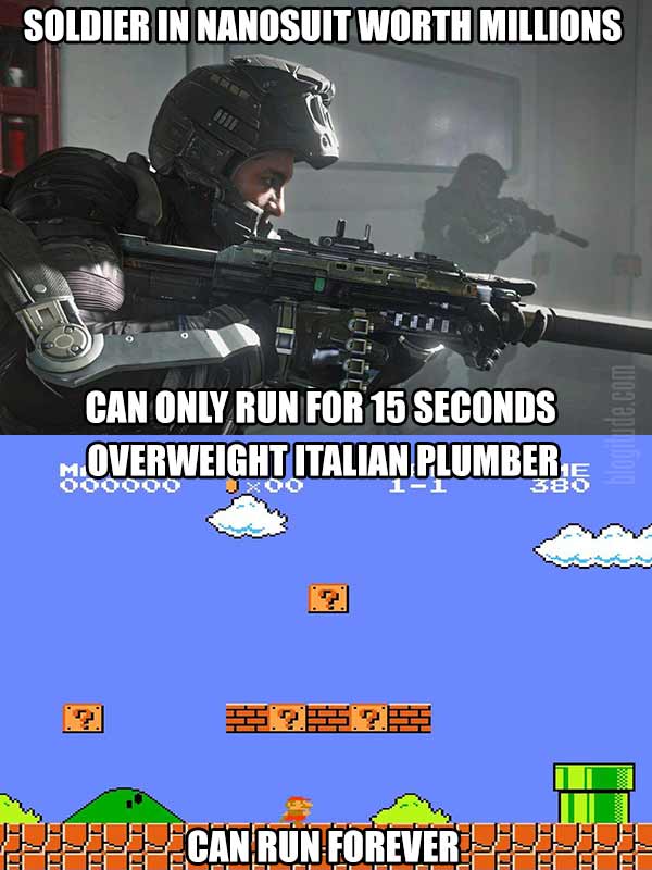 Video Game Logic: "Soldier in Nanosuit worth Millions can only run for 15 seconds. Overweight Itlalian plumber can run forever."
