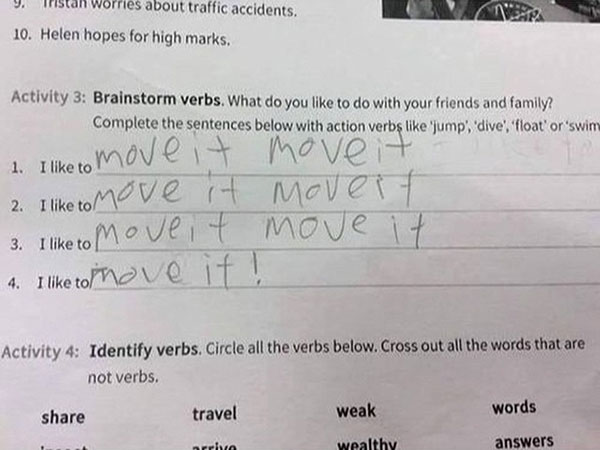 Activity Three: Brainstorm verbs. What do you to do with your friends and family? Complete the setences below with action verbs like, 'jump,' 'dive,' 'float,' or 'swim.'  1. I like to "MOVE IT MOVE IT" 2. I like to "MOVE IT MOVE IT" 3. I like to "MOVE IT MOVE IT" 4. I like to "MOVE IT!"