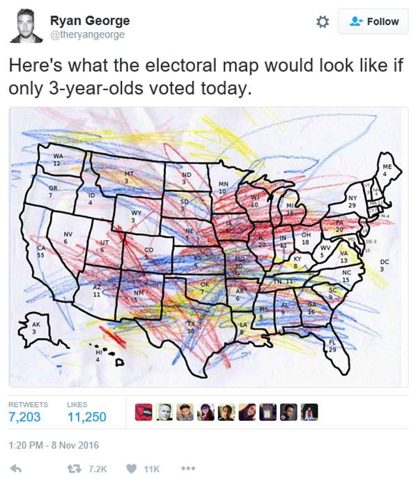 Twitter - Ryan George: "Here's what the electoral map would look like if only 3-year-olds voted today."